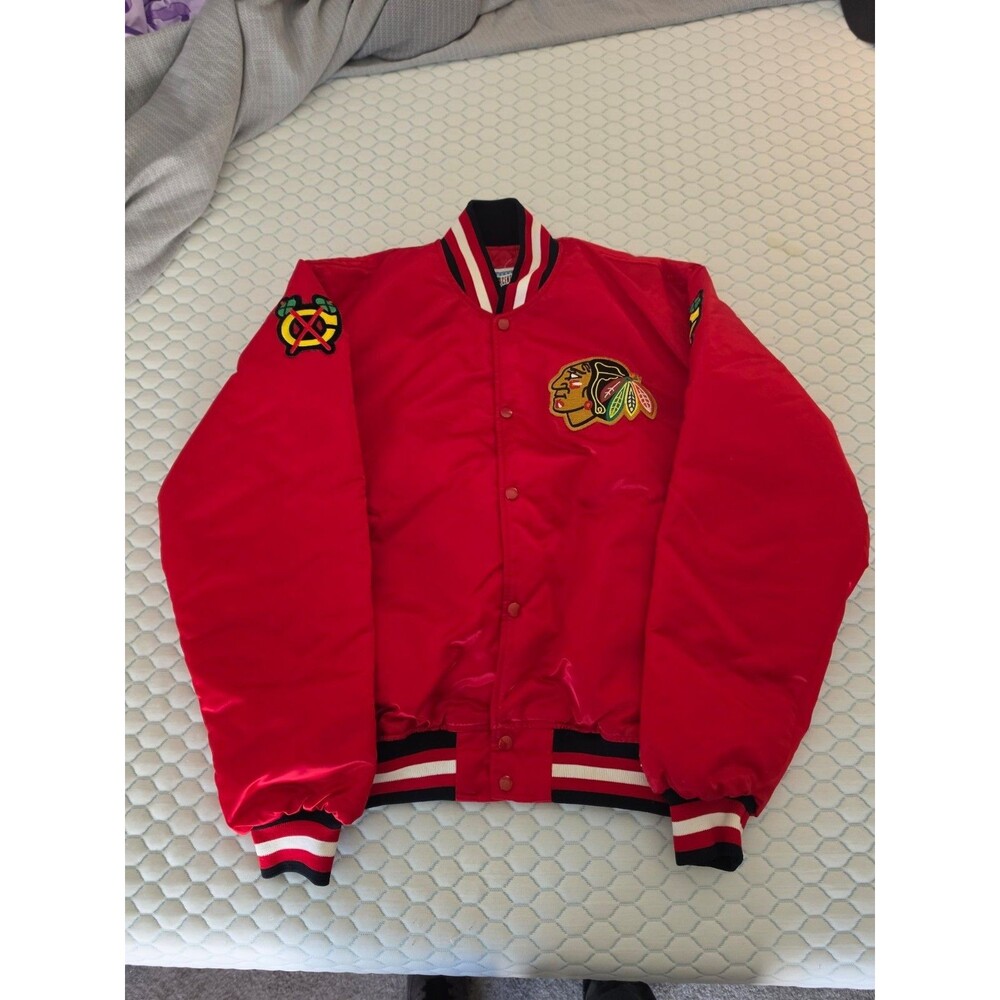 Vintage 90s Starter Chicago Blackhawks Red Satin Bomber Jacket XL